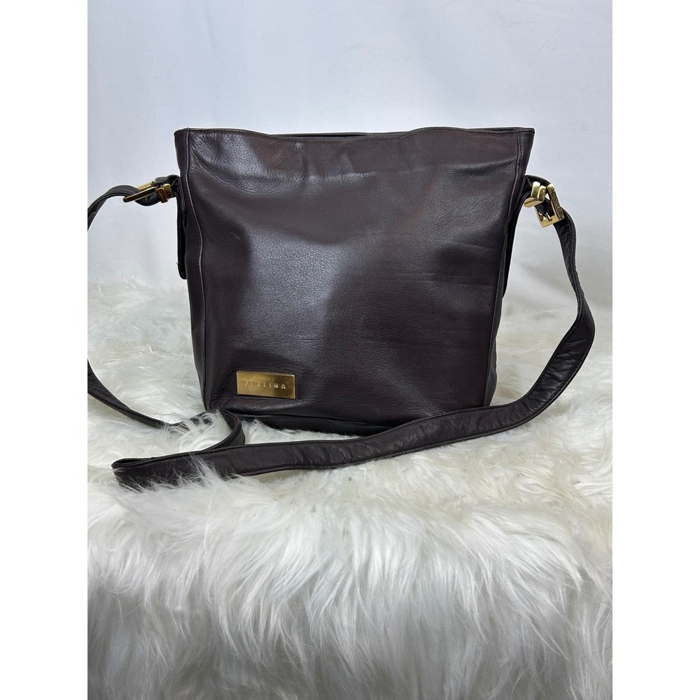 Perlina New York Brown Leather Shoulder Bag Triple Compartment Gold Hardware